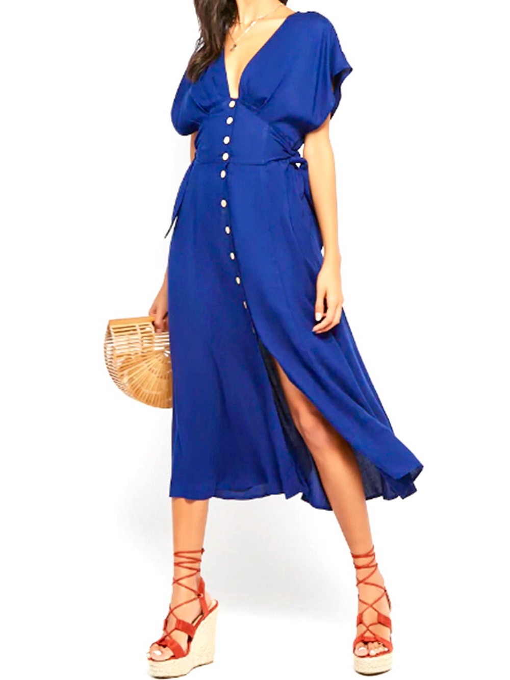 Forever 21 XS tie side Royal Blue Button-Front V-Neck Midi Dress